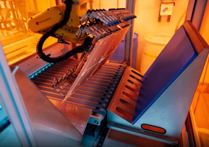 A robotic arm handling solar cells inside an amber-lit manufacturing cell